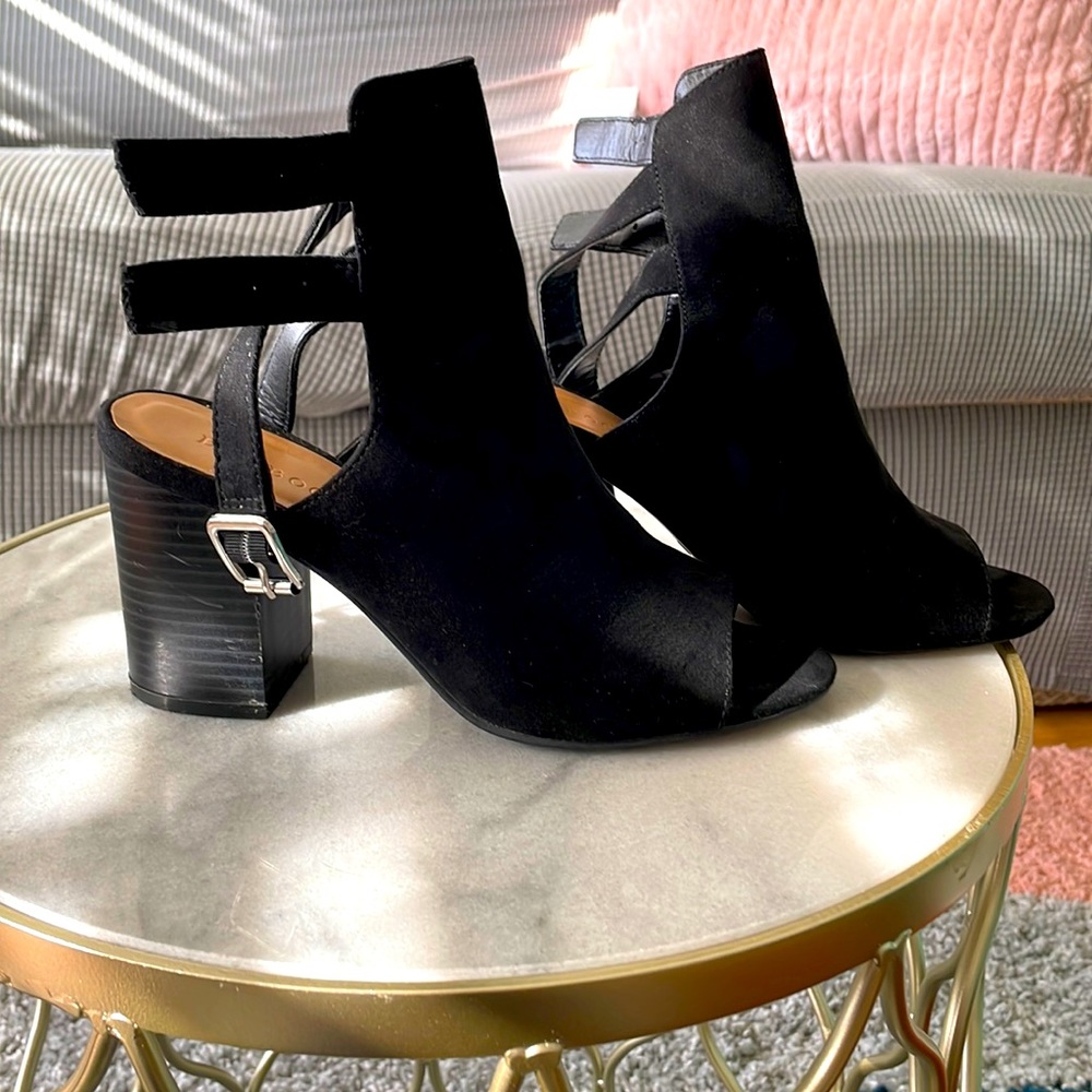 Black booties open toe with strap